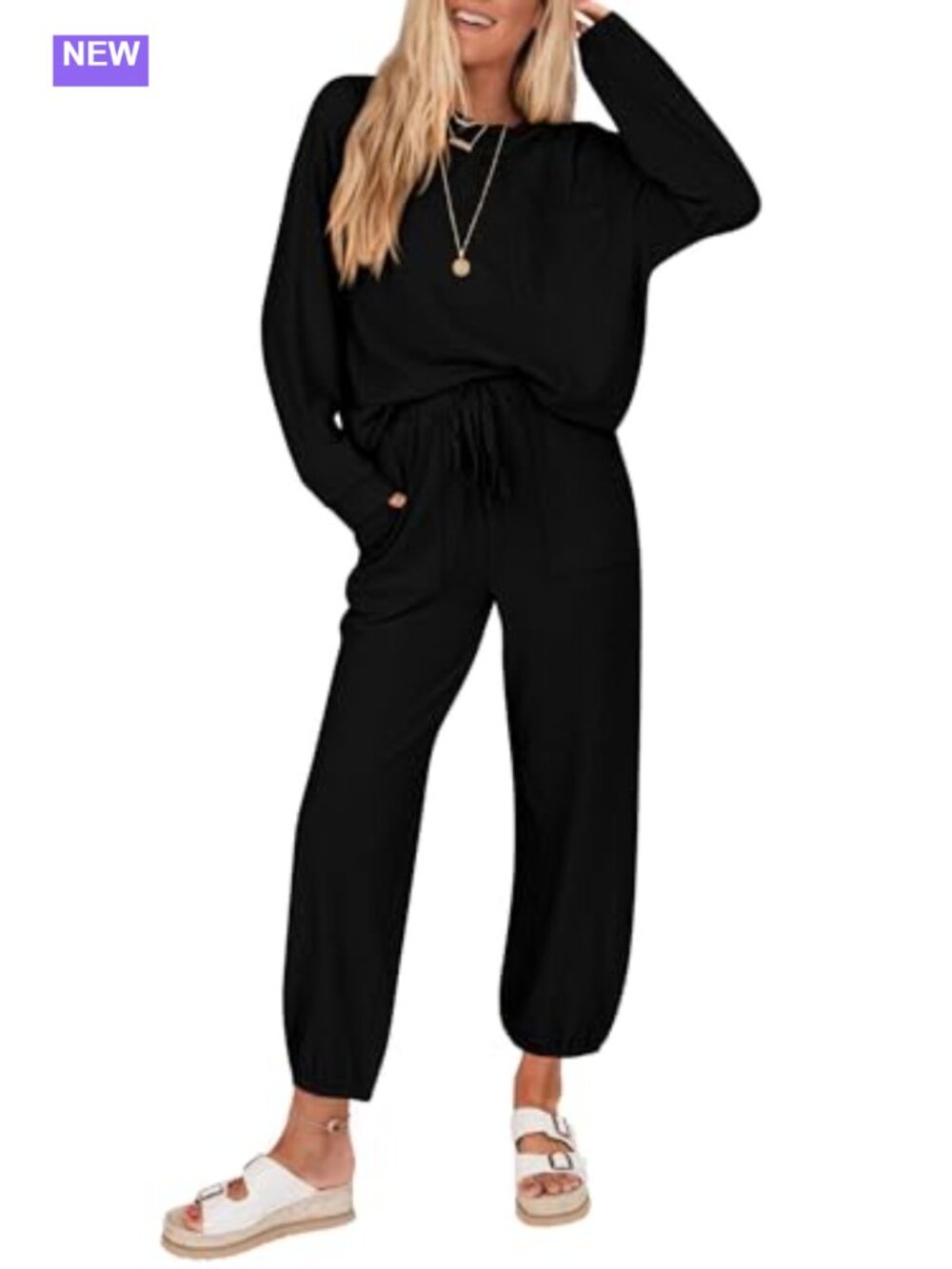 Pit Rib Knit Two Piece Lounge Set Crewneck Sweatsuit Joggers